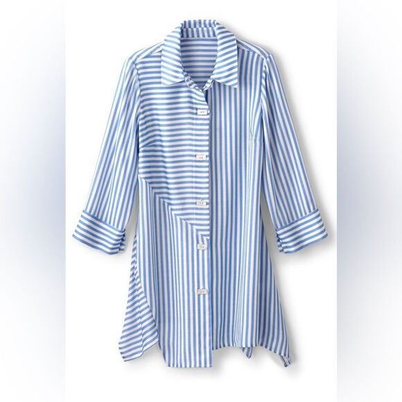 Soft Surroundings 1X On Pointe Palace Blue White Striped Button Details Tunic - Picture 3 of 16